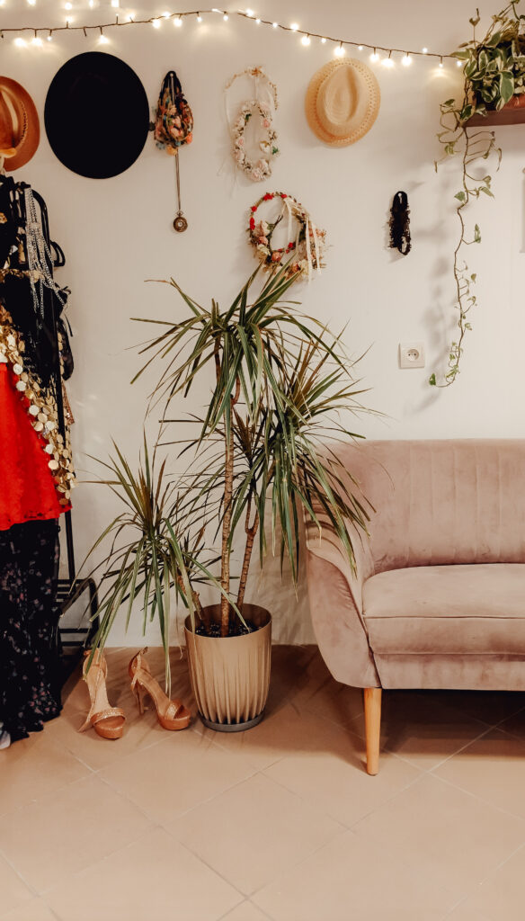 zdjęcie studia na którym jest różowa kanapa, duża dracena, ubrania oraz kapelusze wiszące na ścianie